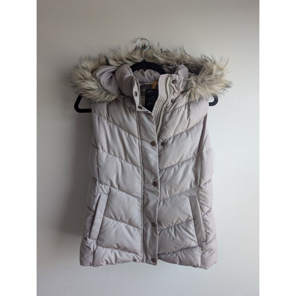 Gap women's Winter Warmth tan puffer vest removable fur hood, SMALL